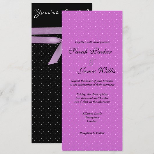 Uitnodiging voor een paarse en zwarte Polka partij (Voorkant / Achterkant)