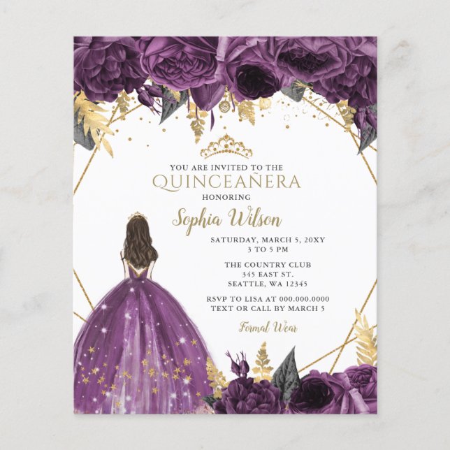 Uitnodiging voor een paarse prinsessen quinceañera (Voorkant)