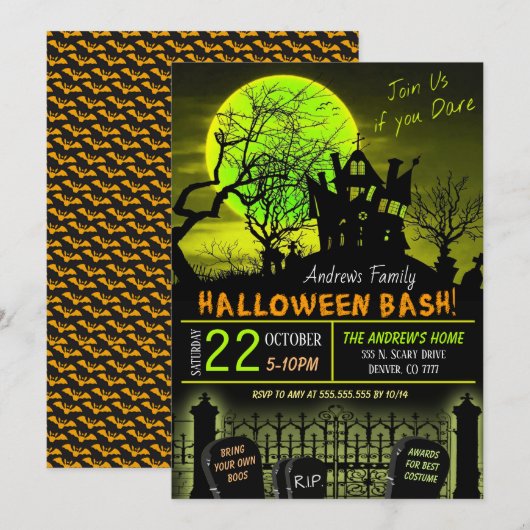 Uitnodiging voor een partij bij het Haunted House (Voorkant / Achterkant)