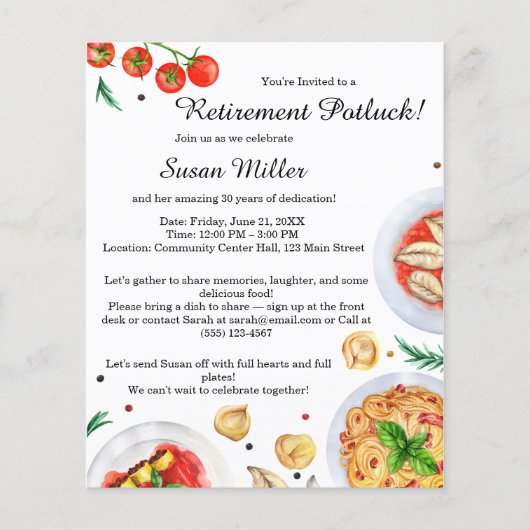 Uitnodiging voor een pensioenpotluck flyer (Voorkant)
