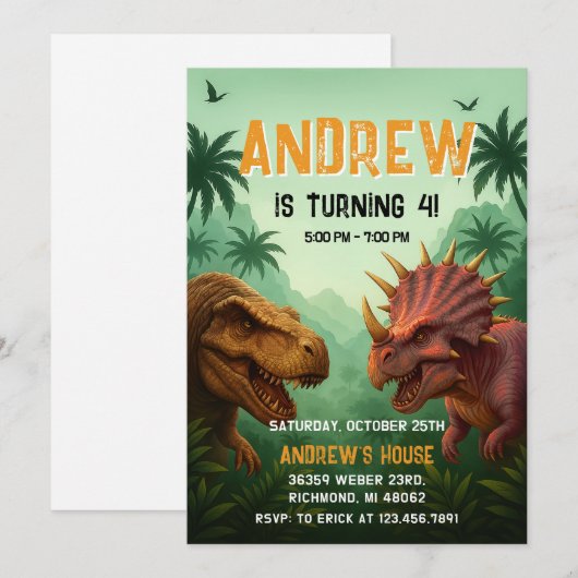 Uitnodiging voor een persoonlijk dinosaurusverjaar (Voorkant / Achterkant)