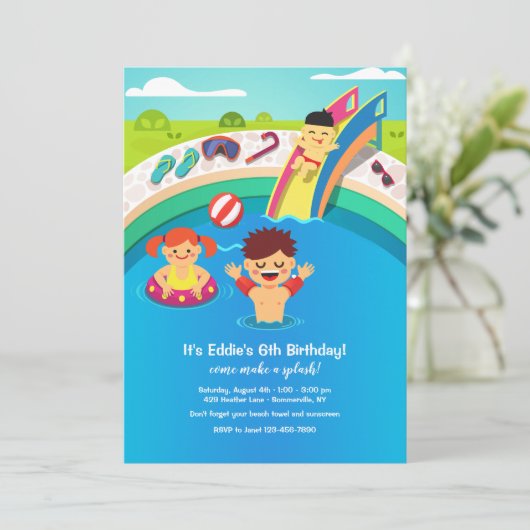 uitnodiging voor een poolparty in kind (Staand voorkant)