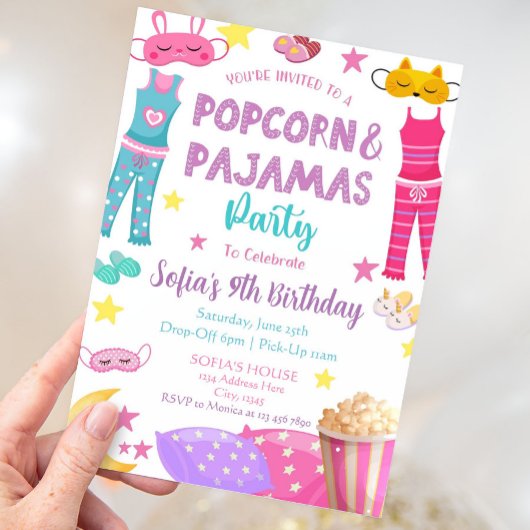 Uitnodiging voor een Popcorn- en Pyjamafeest