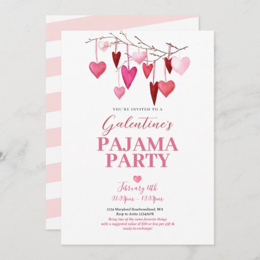 Uitnodiging voor een pyjama-feest op Galentijnsdag (Voorkant / Achterkant)