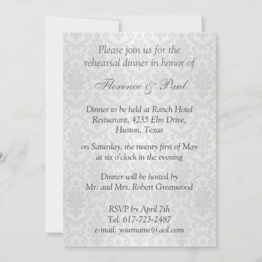 Uitnodiging voor een repetitief diner. Blauw demas (Achterkant)