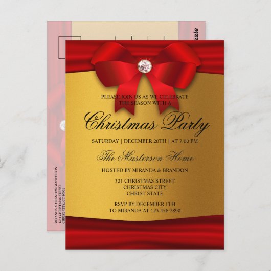 Uitnodiging voor een rood, goud en diamanten kerst (Voorkant / Achterkant)