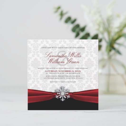 Uitnodiging voor een rood-lint winterhuwelijk (Staand voorkant)