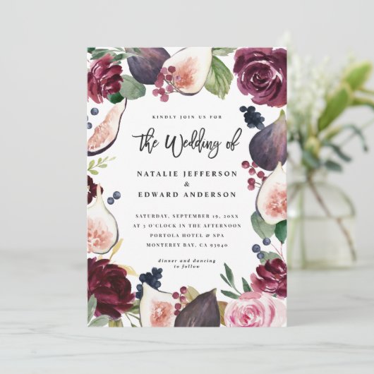 Uitnodiging voor een roze, Bourgogne en vijgenflor (Staand voorkant)