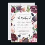 Uitnodiging voor een roze, Bourgogne en vijgenflor<br><div class="desc">Roze,  Bourgogne en waterverf florale trouwuitnodiging. Waterverf,  bloesem,  foliage en met de hand geschilde vruchten. Deel van een trouwsuite. De achtergrondkleur kan worden aangepast.</div>
