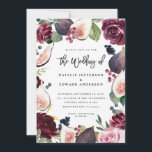 Uitnodiging voor een roze, Bourgogne en vijgenflor<br><div class="desc">Roze,  Bourgogne en waterverf florale trouwuitnodiging. Waterverf,  bloesem,  foliage en met de hand geschilde vruchten. Deel van een trouwsuite. De achtergrondkleur kan worden aangepast.</div>