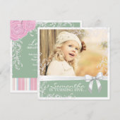  uitnodiging voor een roze en groene verjaardag (Voorkant / Achterkant)