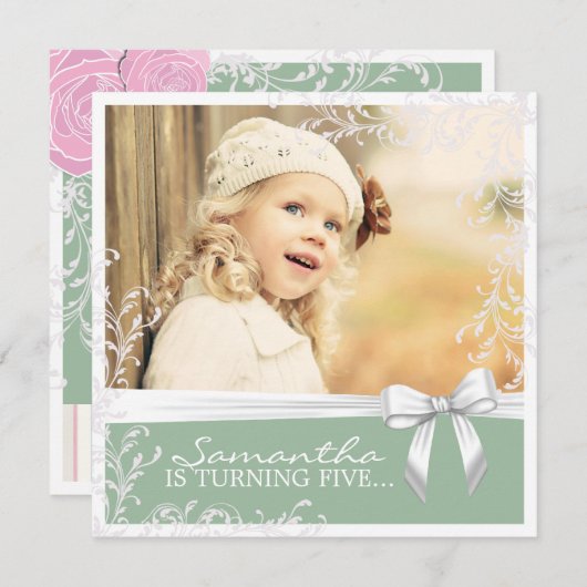 uitnodiging voor een roze en groene verjaardag (Voorkant / Achterkant)