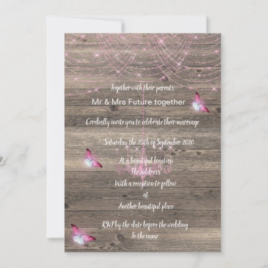 Uitnodiging voor een -roze vlinder bruiloft (Voorkant)