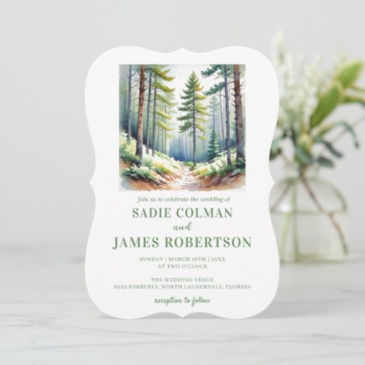 Uitnodiging voor een rustieke bosgroene bosbruilof (Staand voorkant)