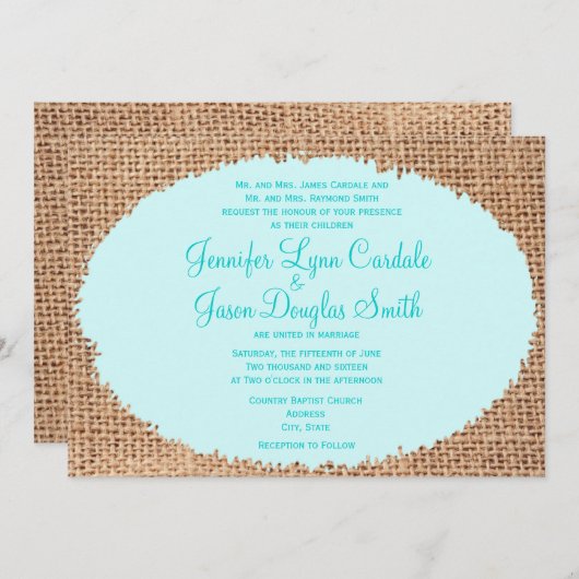 Uitnodiging voor een Rustisch Land Burlap Blue Wed (Voorkant / Achterkant)