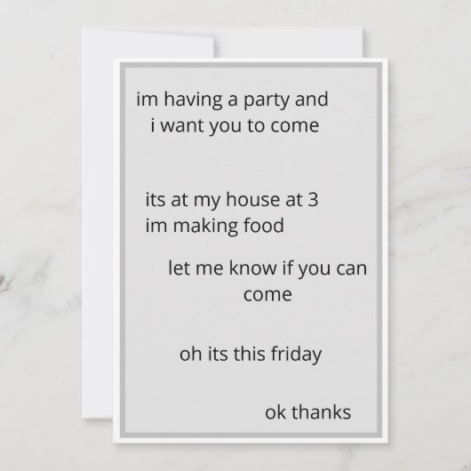 Uitnodiging voor een satirische party met weinig m (Voorkant)