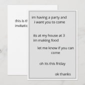 Uitnodiging voor een satirische party met weinig m (Voorkant / Achterkant)