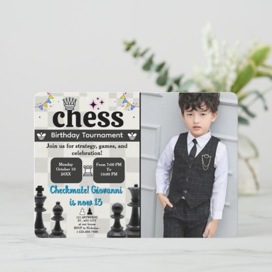 Uitnodiging voor een schaakverjaardagsfeestje met (Staand voorkant)