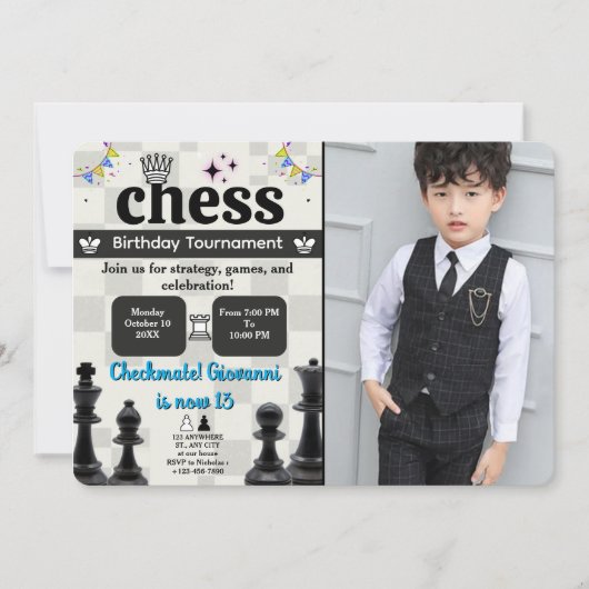 Uitnodiging voor een schaakverjaardagsfeestje met (Voorkant)