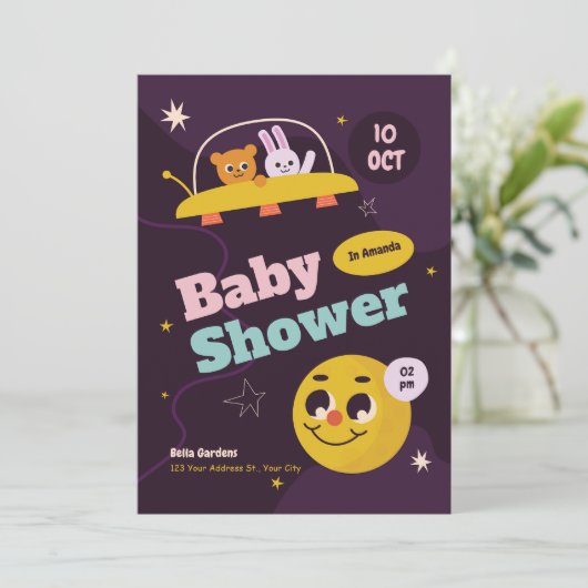 uitnodiging voor een Schattige ruimte-Baby shower (Staand voorkant)