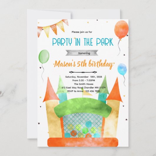 Uitnodiging voor een spronghuis themafeest (Voorkant)