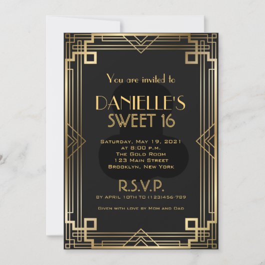 Uitnodiging voor een 'Sweet 16' in art deco-stijl (Voorkant)