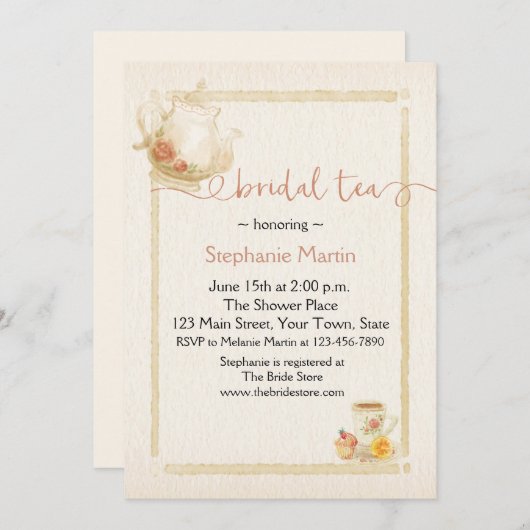 Uitnodiging voor een Tea Bridal Shower (Voorkant / Achterkant)