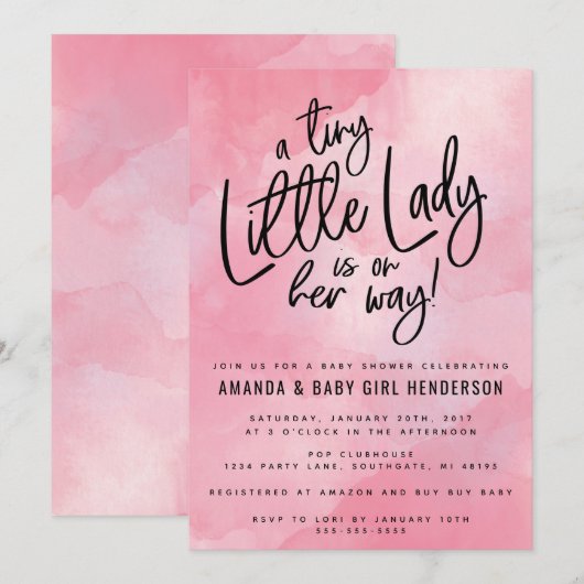 Uitnodiging voor een Tiny Little Lady babyborrel (Voorkant / Achterkant)