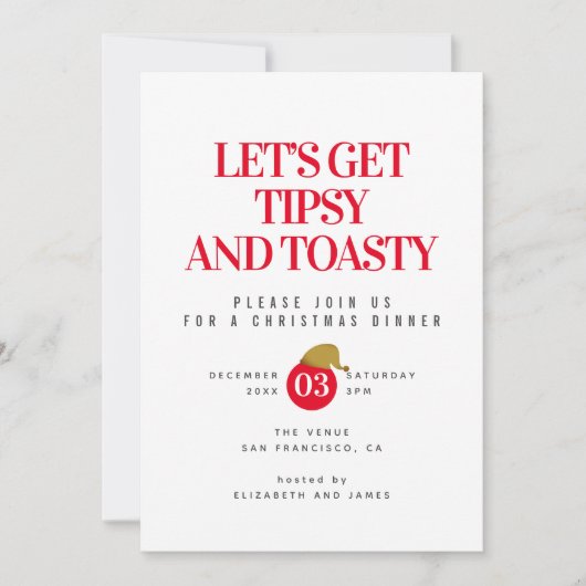 Uitnodiging voor een Tipsy en Toasty kerstdiner (Voorkant)