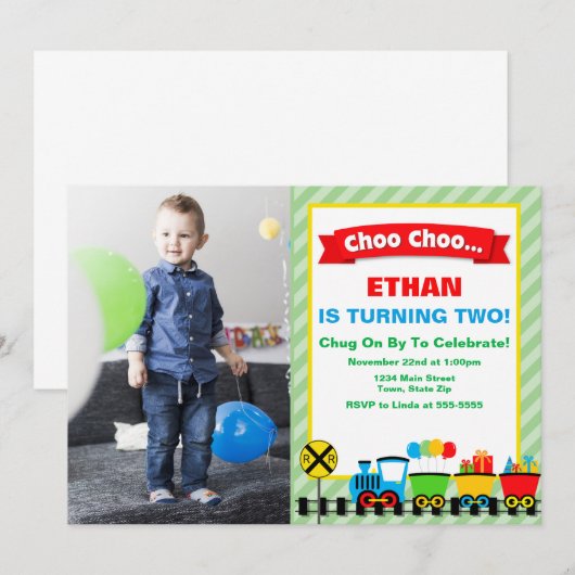 Uitnodiging voor een treinverjaardagsfeestje Choo (Voorkant / Achterkant)