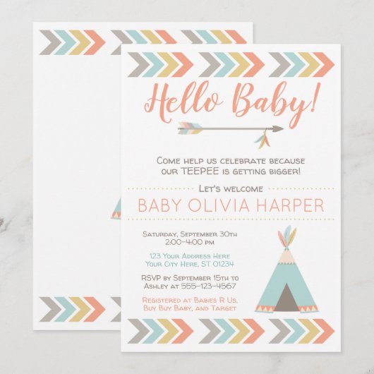 uitnodiging voor een tribaal Baby shower | tipi-st (Voorkant / Achterkant)