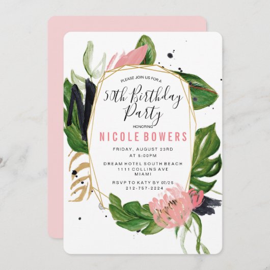 Uitnodiging voor een tropisch bloemen verjaardagsf (Voorkant / Achterkant)