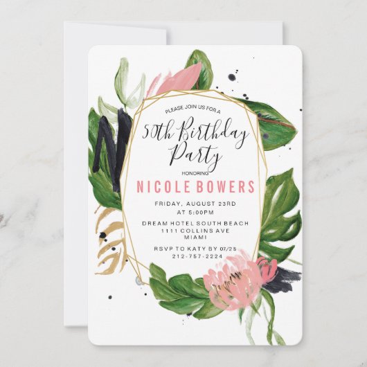 Uitnodiging voor een tropisch bloemen verjaardagsf (Voorkant)