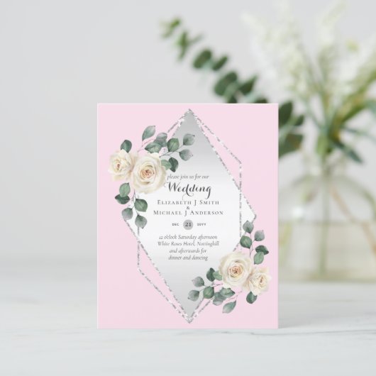 Uitnodiging voor een trouwfeest met witte roos dia (Staand voorkant)