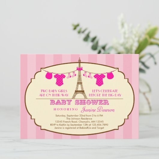 uitnodiging voor een tweelingse Baby shower eiffel (Staand voorkant)