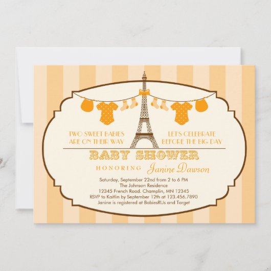 uitnodiging voor een tweelingse Baby shower eiffel (Voorkant)
