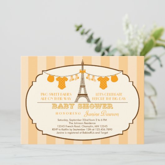 uitnodiging voor een tweelingse Baby shower eiffel (Staand voorkant)