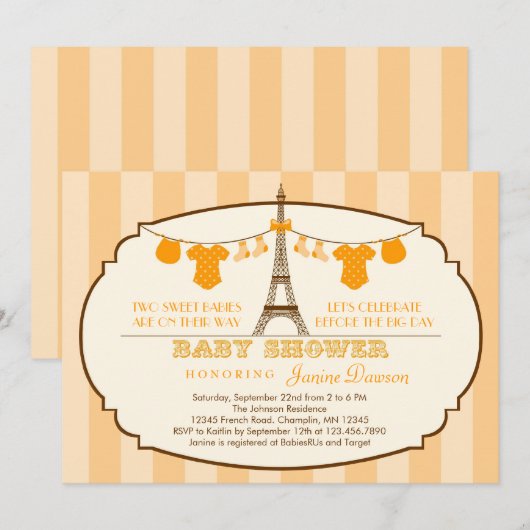 uitnodiging voor een tweelingse Baby shower eiffel (Voorkant / Achterkant)