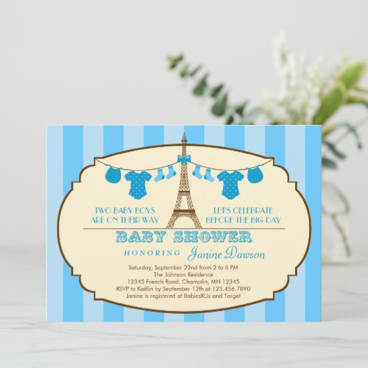 uitnodiging voor een tweelingse Baby shower eiffel (Staand voorkant)
