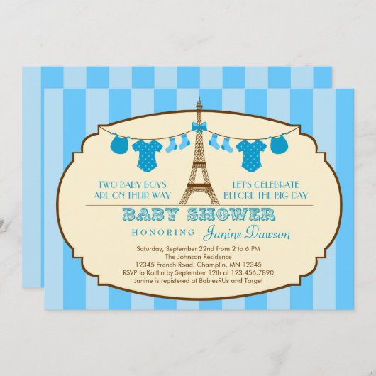 uitnodiging voor een tweelingse Baby shower eiffel (Voorkant / Achterkant)