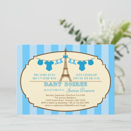 uitnodiging voor een tweelingse Baby shower eiffel (Staand voorkant)