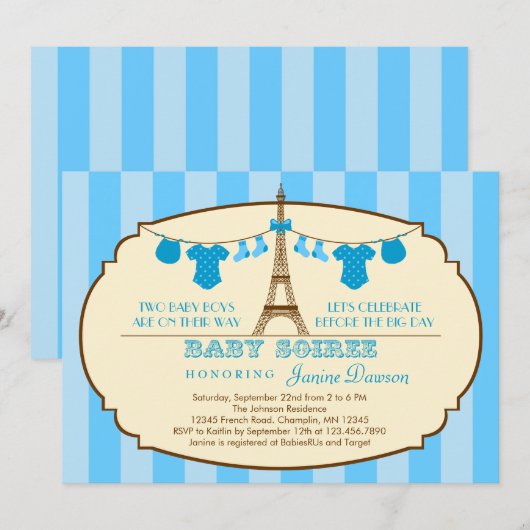 uitnodiging voor een tweelingse Baby shower eiffel (Voorkant / Achterkant)