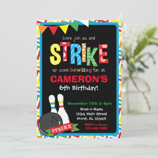 Uitnodiging voor een verjaardag, Bowling schoolbor (Staand voorkant)