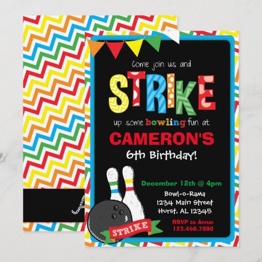 Uitnodiging voor een verjaardag, Bowling schoolbor (Voorkant / Achterkant)