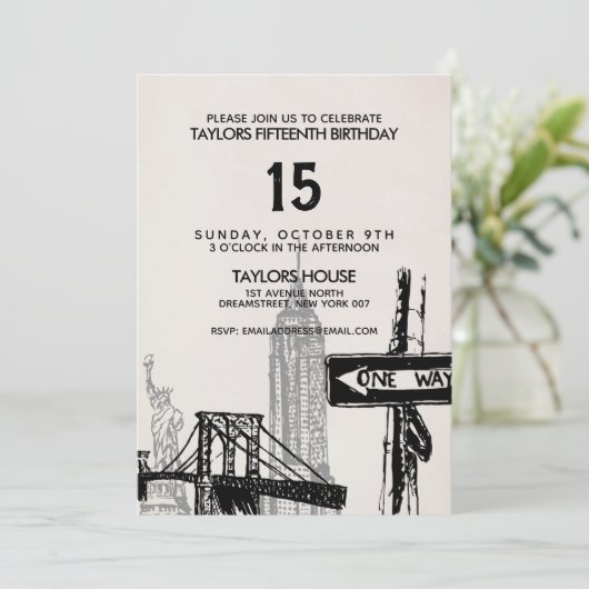 Uitnodiging voor een  verjaardagsfeestje in New Yo (Staand voorkant)