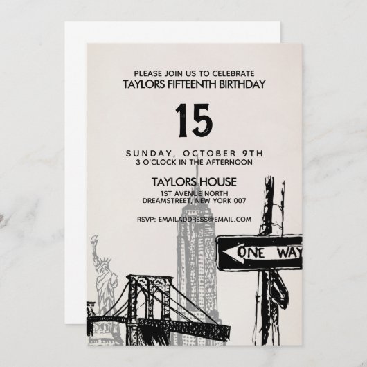 Uitnodiging voor een  verjaardagsfeestje in New Yo (Voorkant / Achterkant)