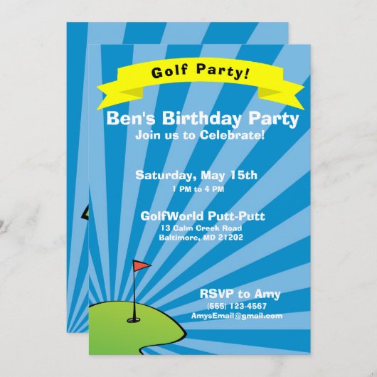 Uitnodiging voor een verjaardagsfeestje met golfth (Voorkant / Achterkant)
