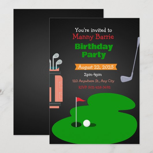 Uitnodiging voor een verjaardagsfeestje met golfth (Voorkant / Achterkant)