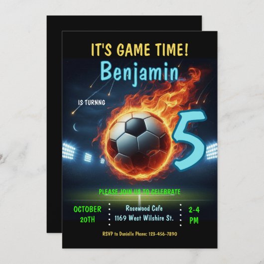 Uitnodiging voor een verjaardagsfeestje met voetba (Voorkant / Achterkant)