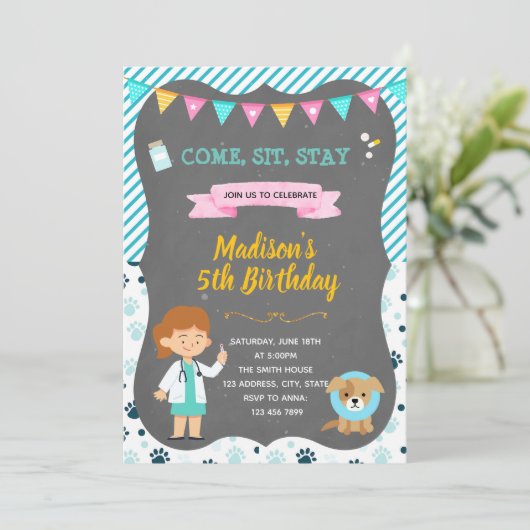 Uitnodiging voor een veterinair verjaardagsfeestje (Staand voorkant)